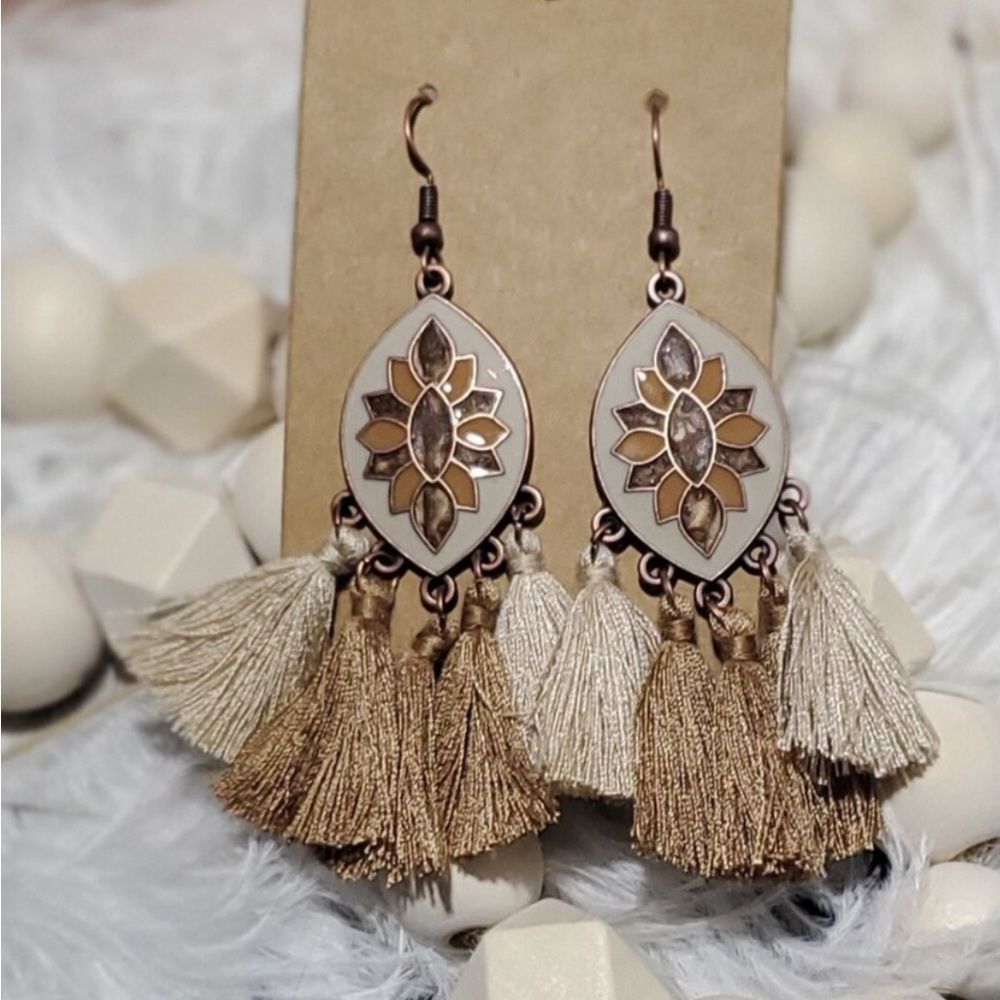 Bohemian Western Tassel Dangle Earrings in Brown and Cream